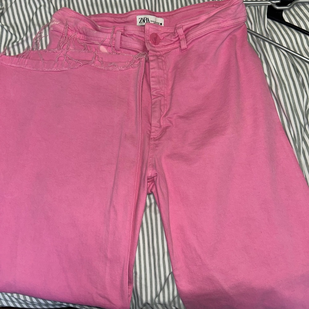 Zara Women's Bright Pink High Waisted Wide Leg Jeans